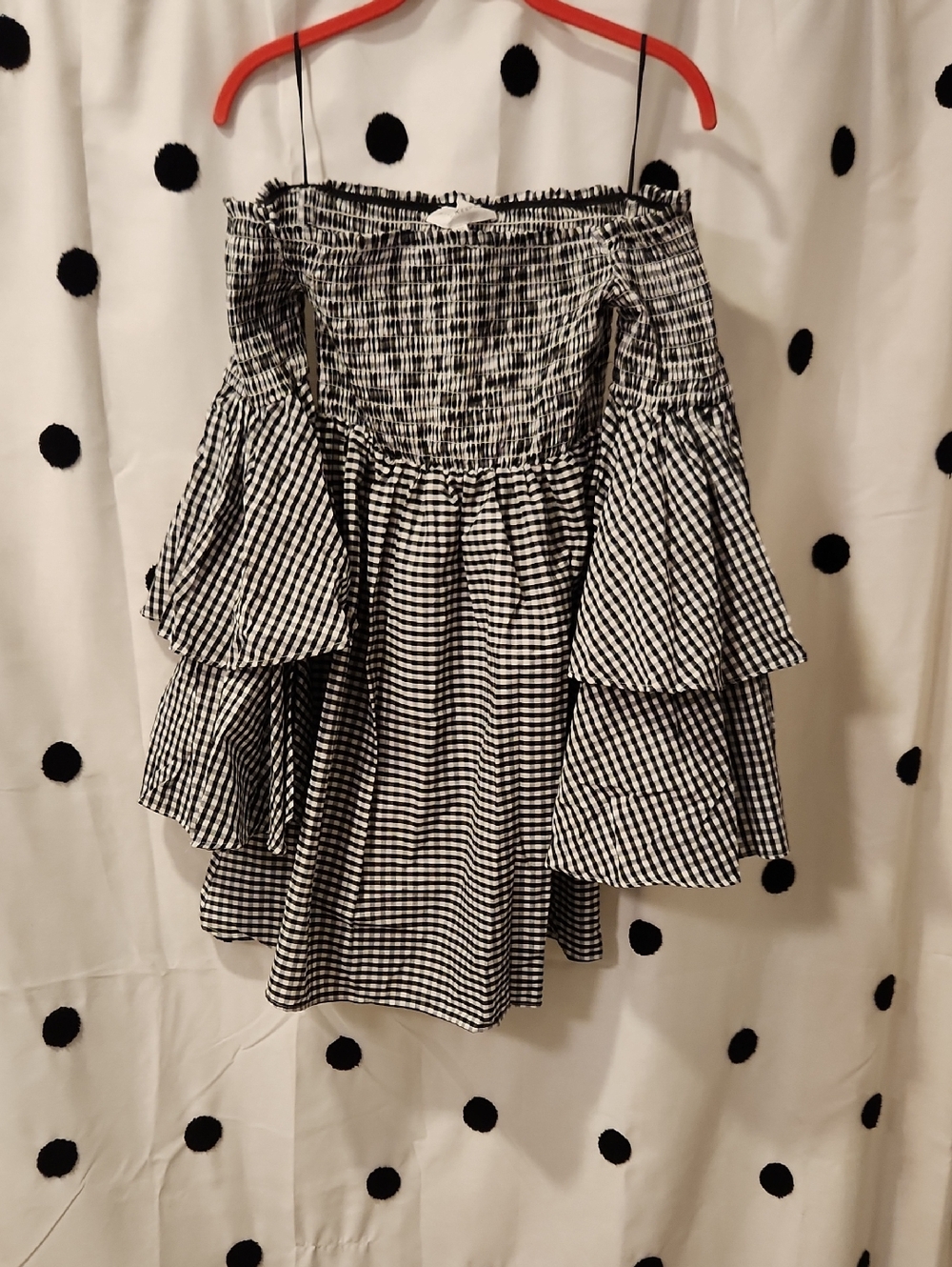 StyleKeepers Black & White Gingham Off-Shoulder Tiered Sleeve Dress XS